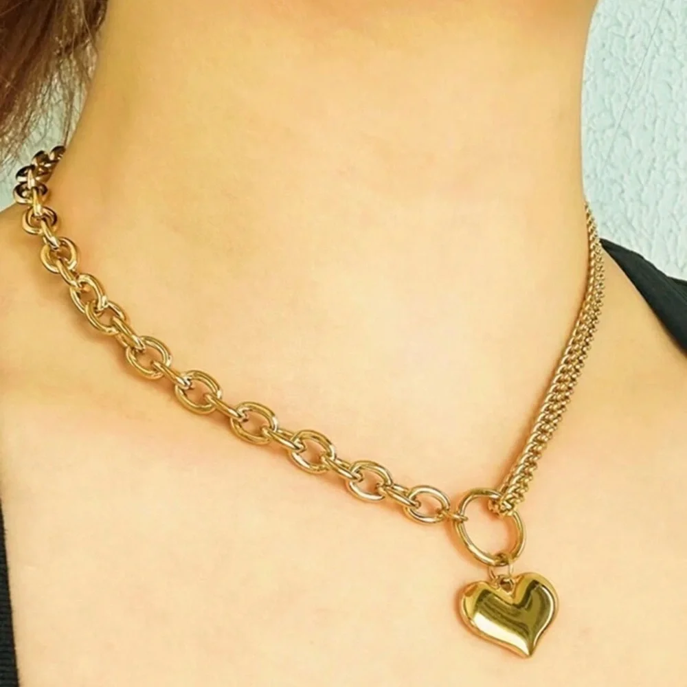 Gold Plated Stainless Steel Heart Pendant Chain Necklace